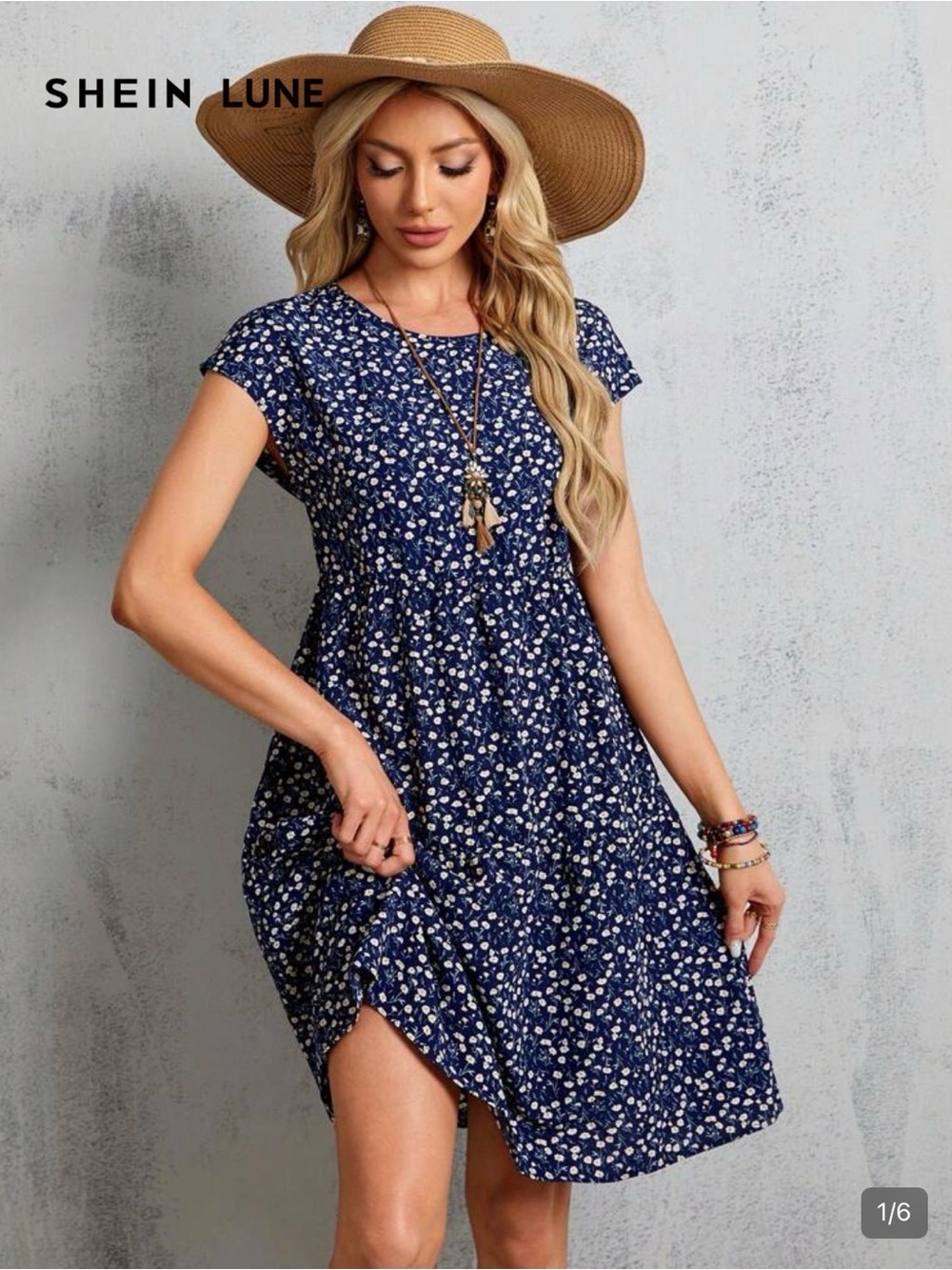 Blue Floral Midi Dress Batwing Short Sleeve, SHEIN Emory Rose